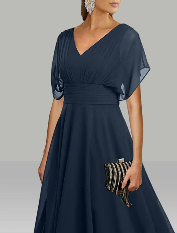 A-Line Wedding Guest Dresses Elegant Dress Holiday Fall Tea Length Short Sleeve V Neck Chiffon
