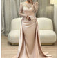 Mermaid Sequin Evening Gown Ruched Satin Dress Long Sleeves Floor Length Sparkle Illusion Neck Fall Wedding Guest Dress with Pearls