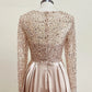 Mermaid Sequin Evening Gown Ruched Satin Dress Long Sleeves Floor Length Sparkle Illusion Neck Fall Wedding Guest Dress with Pearls