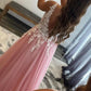 A-Line Appliques Tulle Prom Dress V-neck Open Back Beautiful