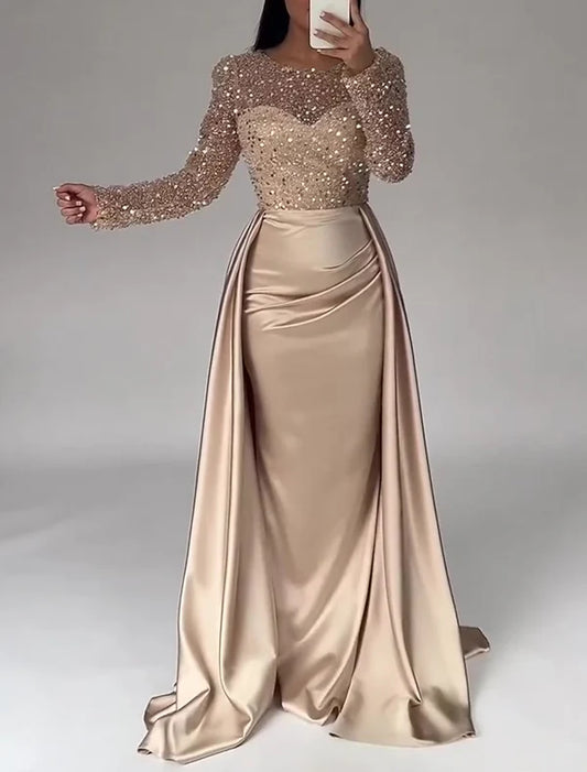 Mermaid Sequin Evening Gown Ruched Satin Dress Long Sleeves Floor Length Sparkle Illusion Neck Fall Wedding Guest Dress with Pearls
