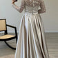 Mermaid Sequin Evening Gown Ruched Satin Dress Long Sleeves Floor Length Sparkle Illusion Neck Fall Wedding Guest Dress with Pearls