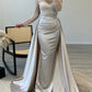 Mermaid Sequin Evening Gown Ruched Satin Dress Long Sleeves Floor Length Sparkle Illusion Neck Fall Wedding Guest Dress with Pearls