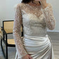 Mermaid Sequin Evening Gown Ruched Satin Dress Long Sleeves Floor Length Sparkle Illusion Neck Fall Wedding Guest Dress with Pearls