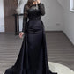 Mermaid Sequin Evening Gown Ruched Satin Dress Long Sleeves Floor Length Sparkle Illusion Neck Fall Wedding Guest Dress with Pearls