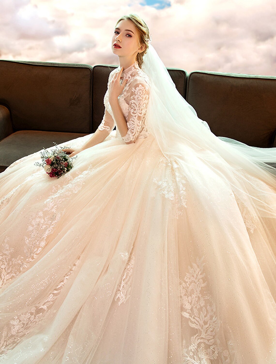 Engagement Sparkle & Shine Formal Fall Wedding Dresses Ball Gown High Neck Long Sleeve Cathedral Train Lace Bridal Gowns With Sequin Appliques Summer Wedding Party, Women¡®s Clothing