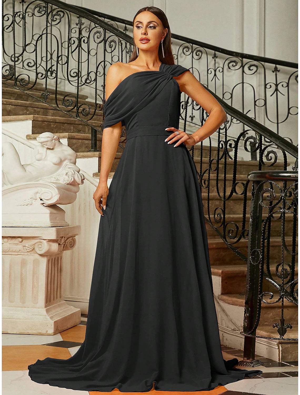 A-Line Evening Gown Elegant Dress Formal Fall Sweep / Brush Train Short Sleeve One Shoulder Stretch Fabric with Pleats