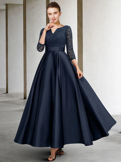 A-Line Mother of the Bride Dress Plus Size Elegant V Neck Ankle Length Satin Lace 3/4 Length Sleeve No with Pleats