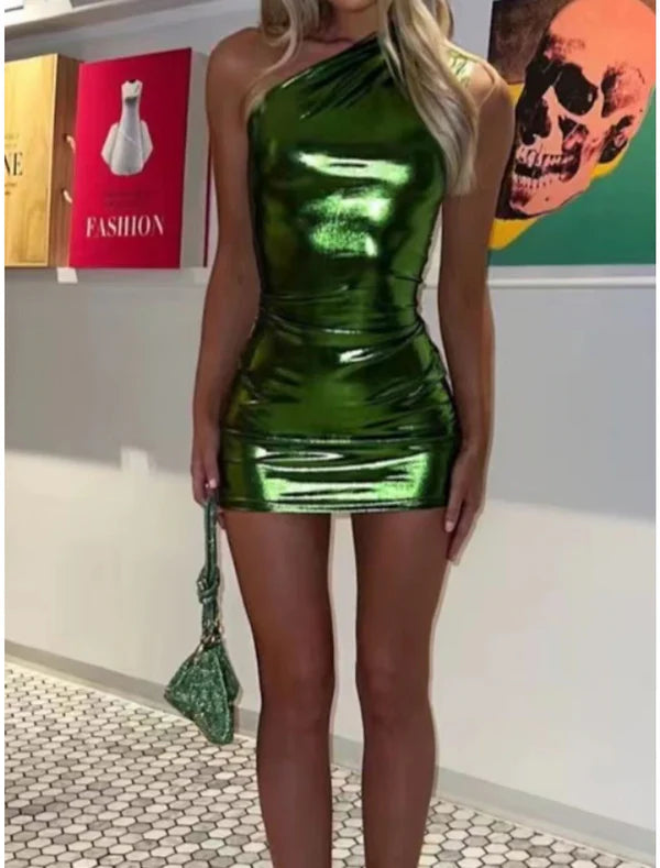 Women's Party Dress Homecoming Dress Wedding Guest Dress Mini Dress Blue Gold Green Sleeveless Pure Color Ruched Summer Spring Fall One Shoulder