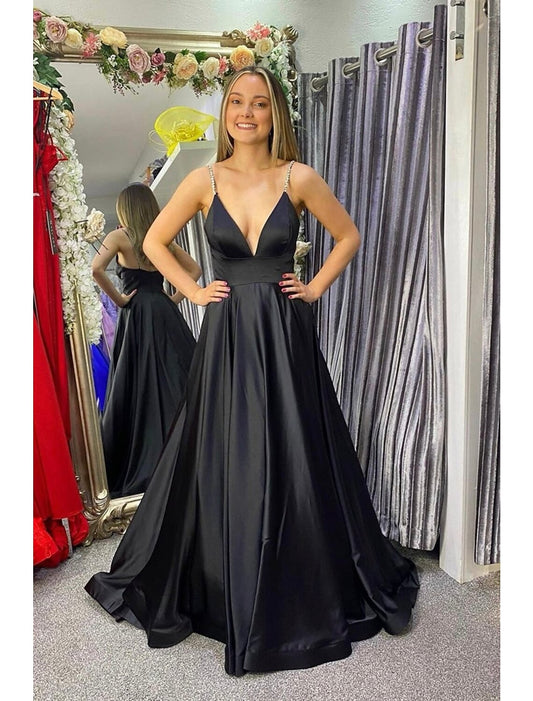 A-Line Prom Dresses Princess Dress Formal Floor Length Sleeveless V Neck Stretch Satin Backless