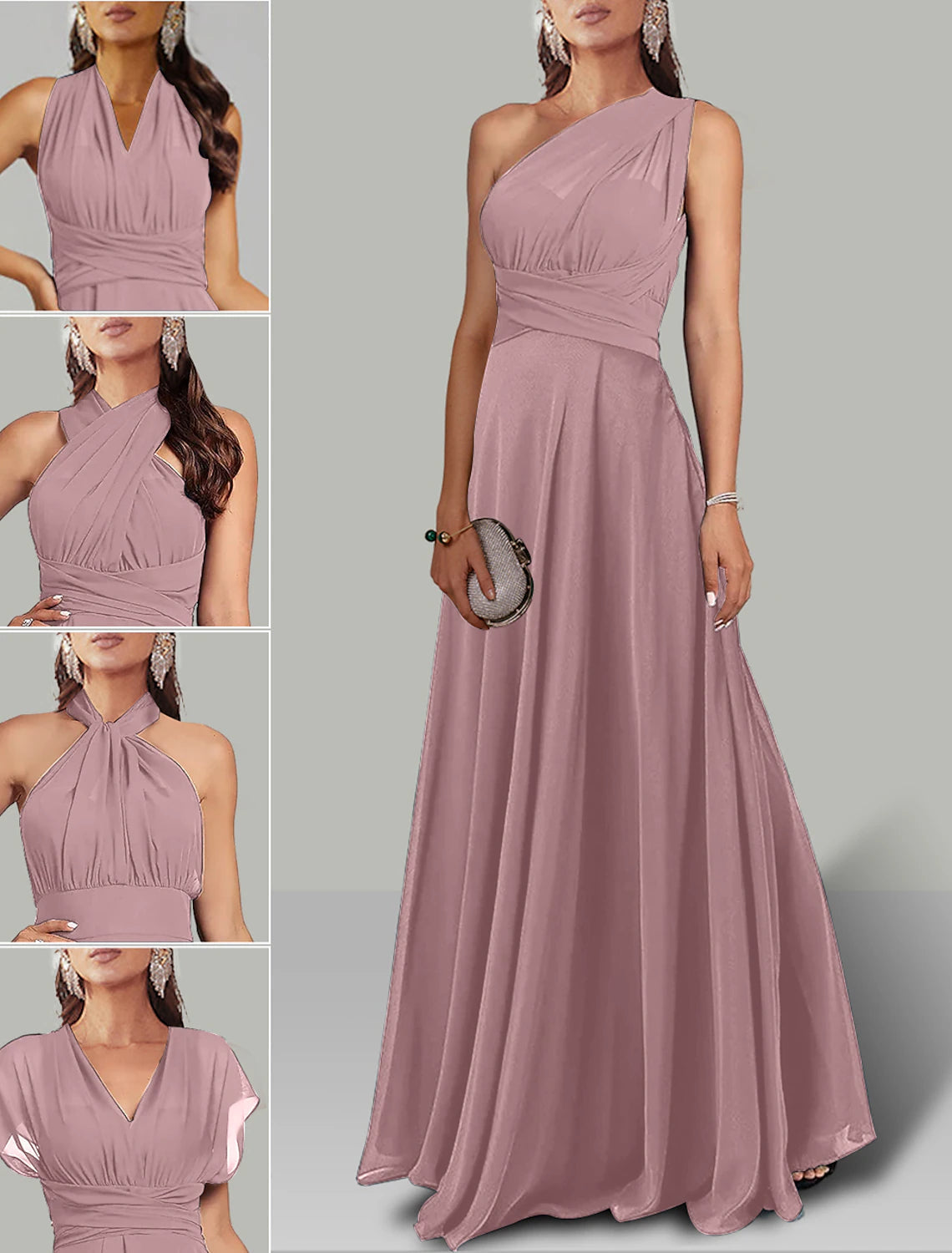 A-Line Wedding Guest Dresses Infinity Dress Wedding Party Floor Length Short Sleeve Halter Neck Convertible Chiffon