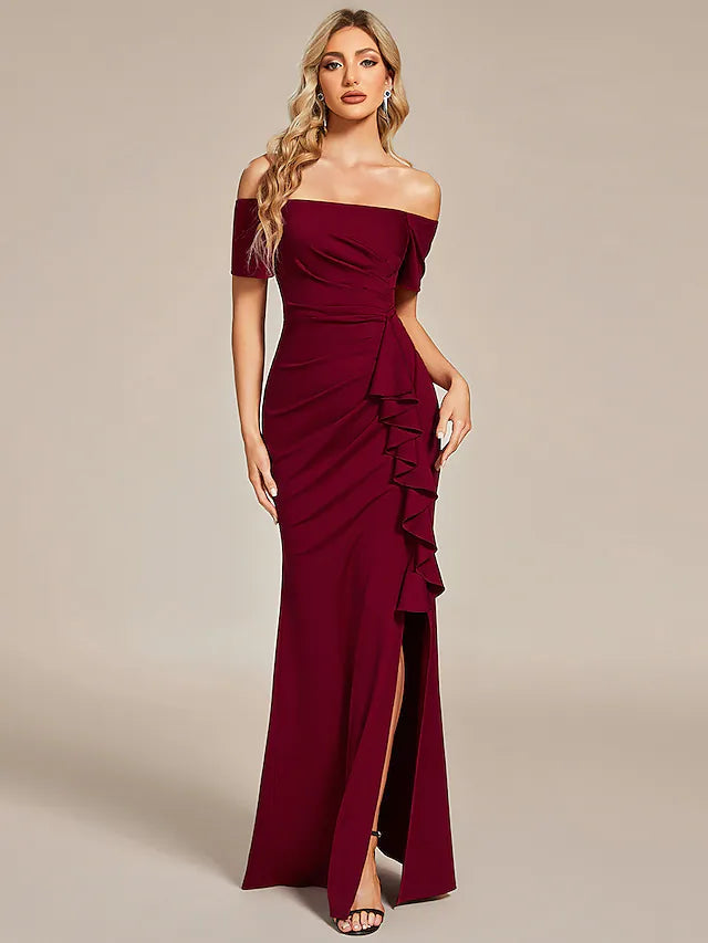 Prom Dress Wedding Guest Dress Long Black Wine Short Sleeve Pure Color Ruched Spring Fall Off Shoulder
