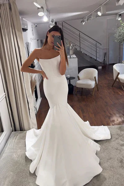 Elegant Simple Mermaid Strapless Satin Wedding Dress Fashion Off Shoulder Floor Length  Bridal Gowns