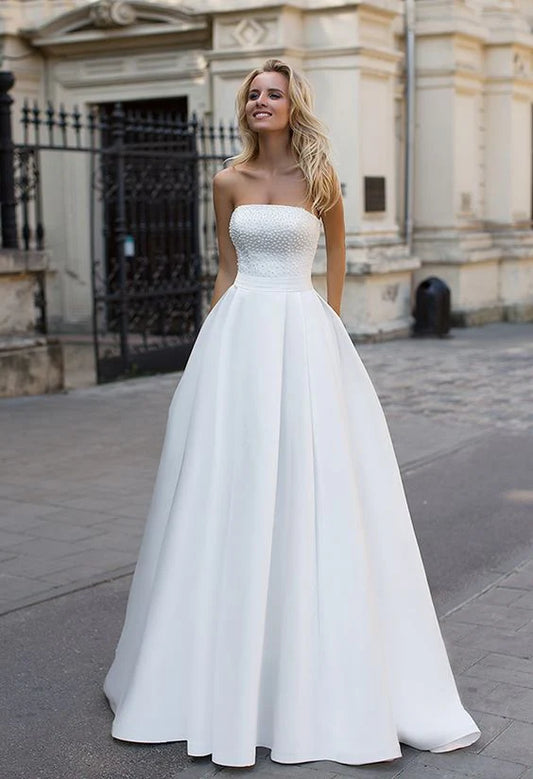 Simple Strapless White A Line Zipper Up A Line Princess Wedding Dress Off Shoulder