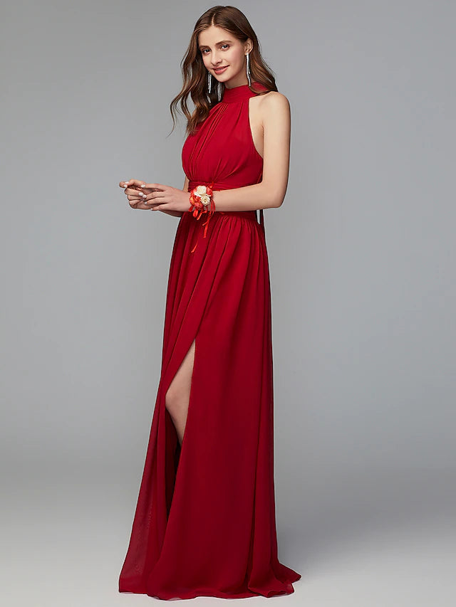 A-Line Bridesmaid Dress High Neck Sleeveless Furcal Floor Length Chiffon with Pleats / Split