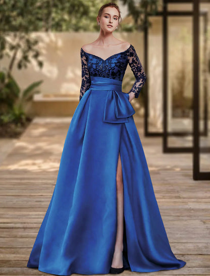 Sheath / Column Evening Gown High Split Dress Formal Wedding Guest Sweep / Brush Train 3/4 Length Sleeve Off Shoulder Charmeuse with Bow(s)