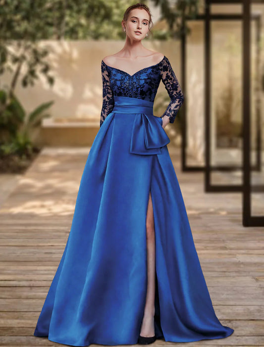 Sheath / Column Evening Gown High Split Dress Formal Wedding Guest Sweep / Brush Train 3/4 Length Sleeve Off Shoulder Charmeuse with Bow(s)