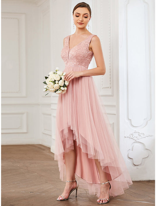 A-Line Bridesmaid Dress V Neck Sleeveless Elegant Short / Mini Lace / Tulle with Draping