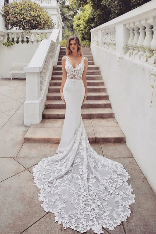 Elegant Wedding Dress V Neck Lace Mermaid Bridal Dress Sleeveless Floor Length with Appliques