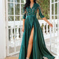 A-Line Evening Gown Elegant Dress Wedding Party Floor Length Half Sleeve Illusion Neck Satin with Pleats Sequin