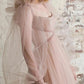 A-Line Elegant Boho Engagement Formal Evening Birthday Dress Scoop Neck Long Sleeve Sweep / Brush Train Tulle with Pleats