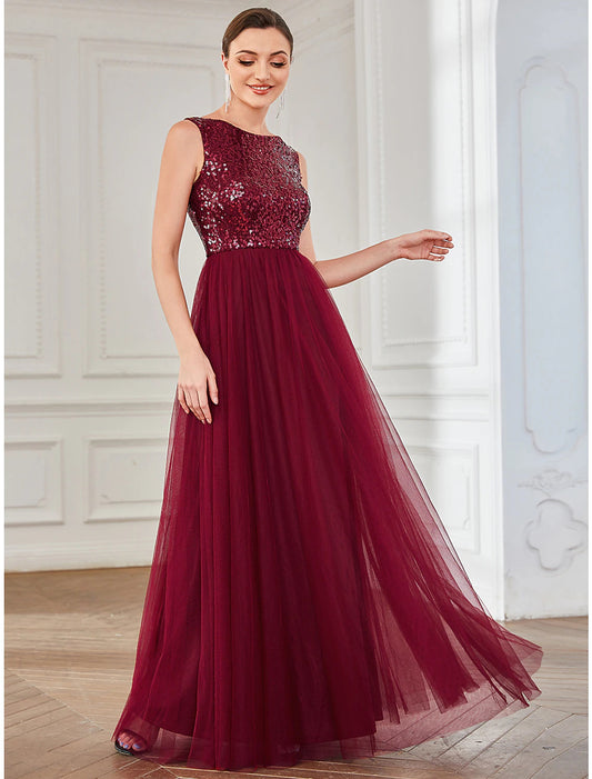 A-Line Party Dresses Elegant Dress Wedding Guest Floor Length Sleeveless Jewel Neck Tulle