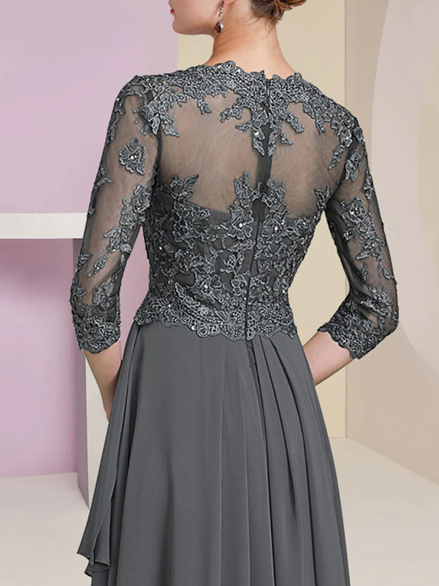 A-Line Mother of the Bride Dress Formal Luxurious Elegant V Neck Floor Length Chiffon Lace Half Sleeve with Pleats Beading