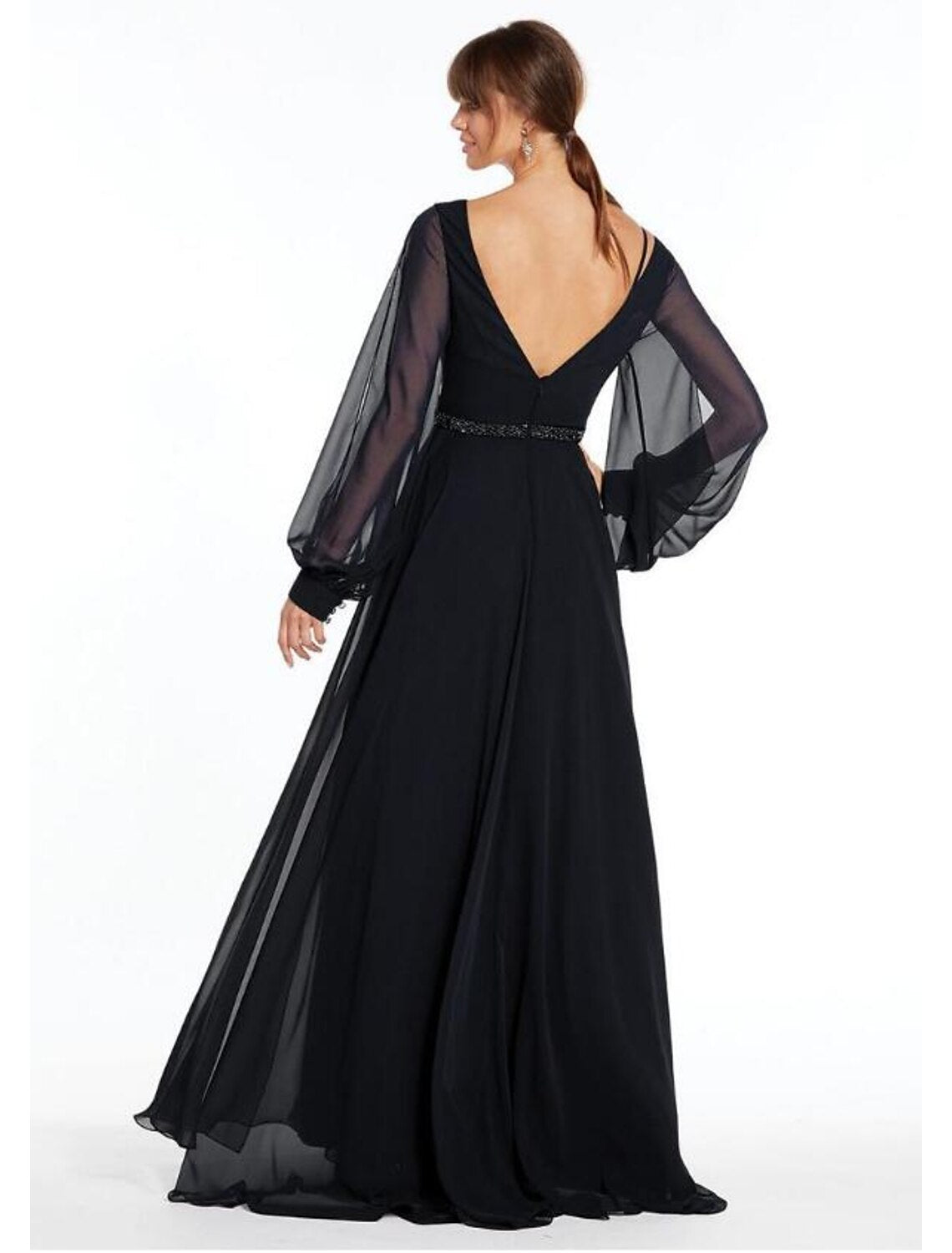 A-Line Evening Gown Empire Dress Holiday Floor Length Long Sleeve V Neck Chiffon V Back