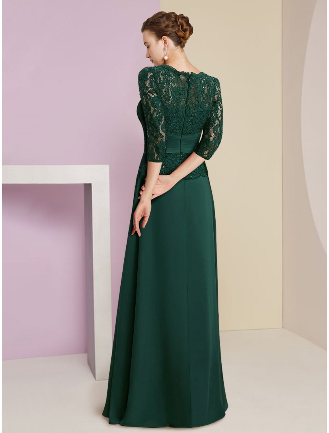 A-Line Mother of the Bride Dress Wedding Guest Elegant Scoop Neck Floor Length Stretch Chiffon 3/4 Length Sleeve with Lace