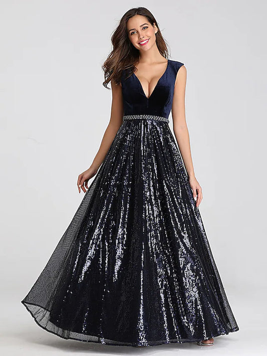 A-Line Prom Dresses Elegant Dress Prom Floor Length Sleeveless Plunging Neck Sequined with Sash