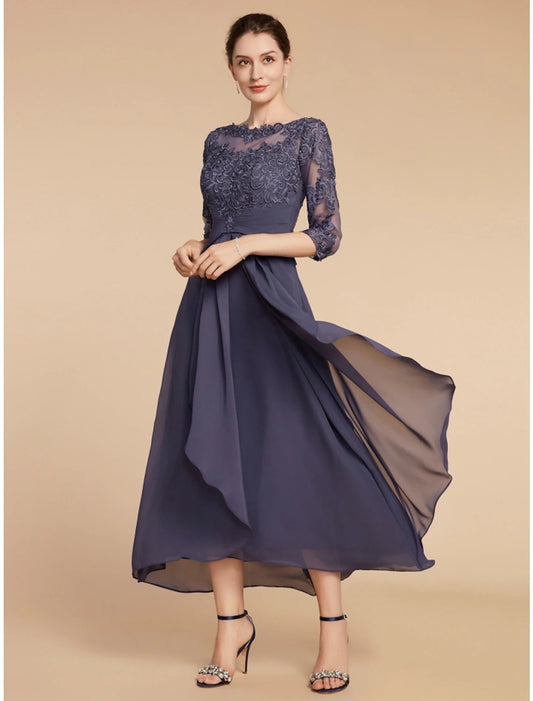 A-Line Mother of the Bride Dress Wedding Guest Elegant Scoop Neck Ankle Length Chiffon Lace 3/4 Length Sleeve