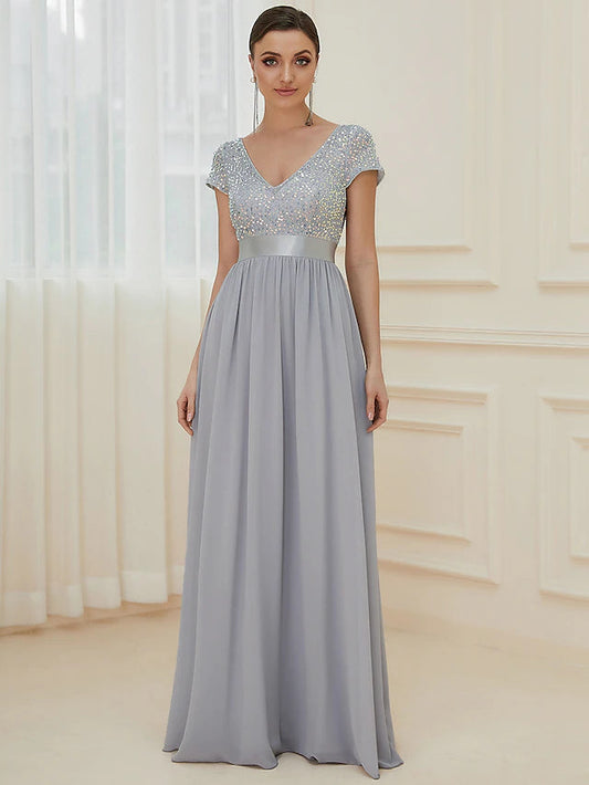 A-Line Bridesmaid Dress V Neck Short Sleeve Elegant Floor Length Chiffon