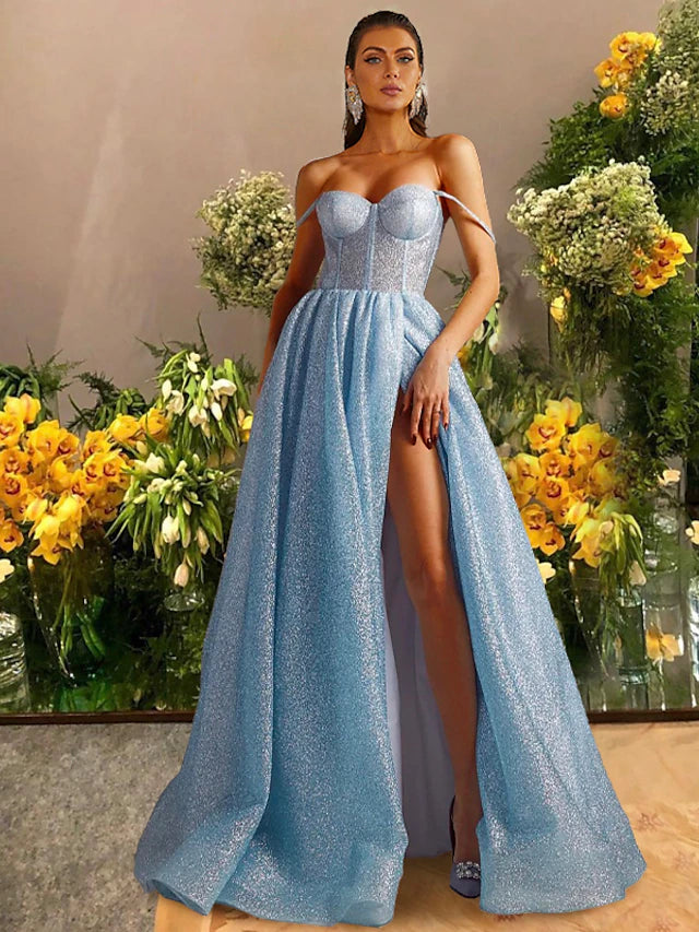 A-Line Prom Dresses Sparkle & Shine Dress Prom Floor Length Sleeveless Sweetheart Tulle with Glitter
