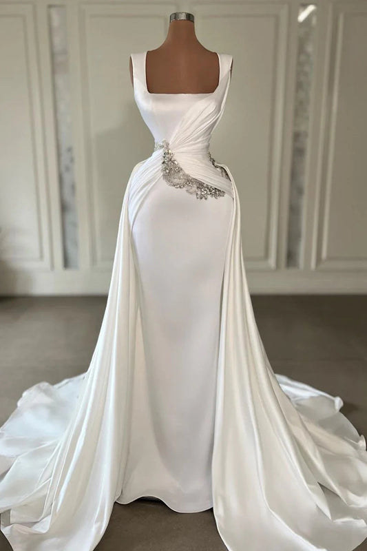 Wedding Dresses Sheath / Column Sweetheart Camisole Spaghetti Strap Court Train Satin Bridal Gowns With Split Front Side-Draped Summer Fall