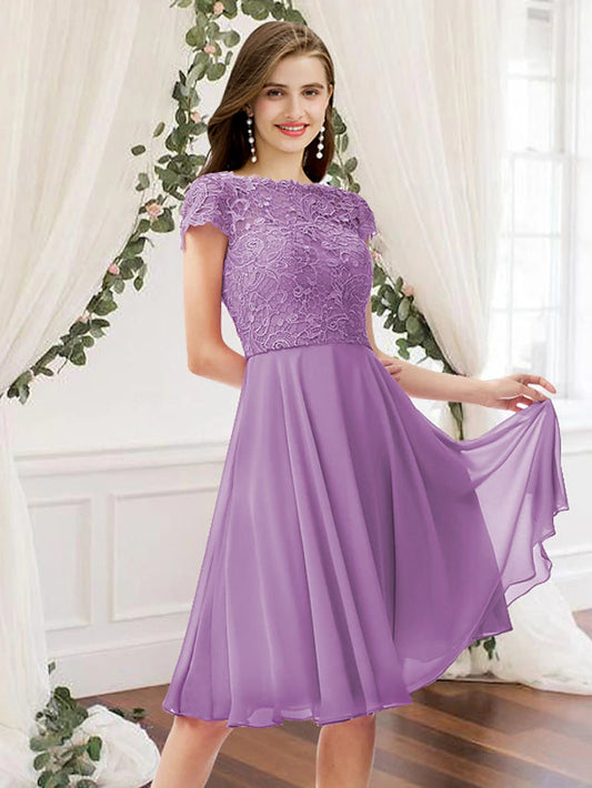 A-Line Bridesmaid Dress Jewel Neck Sleeveless Elegant Knee Length Chiffon / Lace