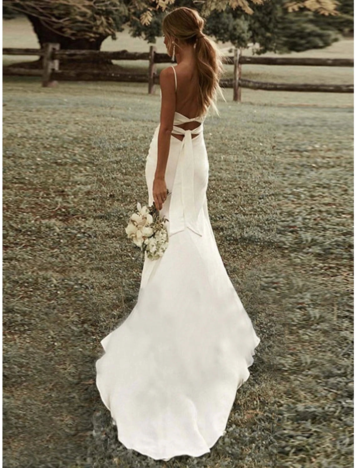 Beach Sexy Casual Wedding Dresses Sheath / Column Square Camisole Spaghetti Strap Sweep / Brush Train Stretch Fabric Outdoor Bridal Gowns With Ruched Split Front