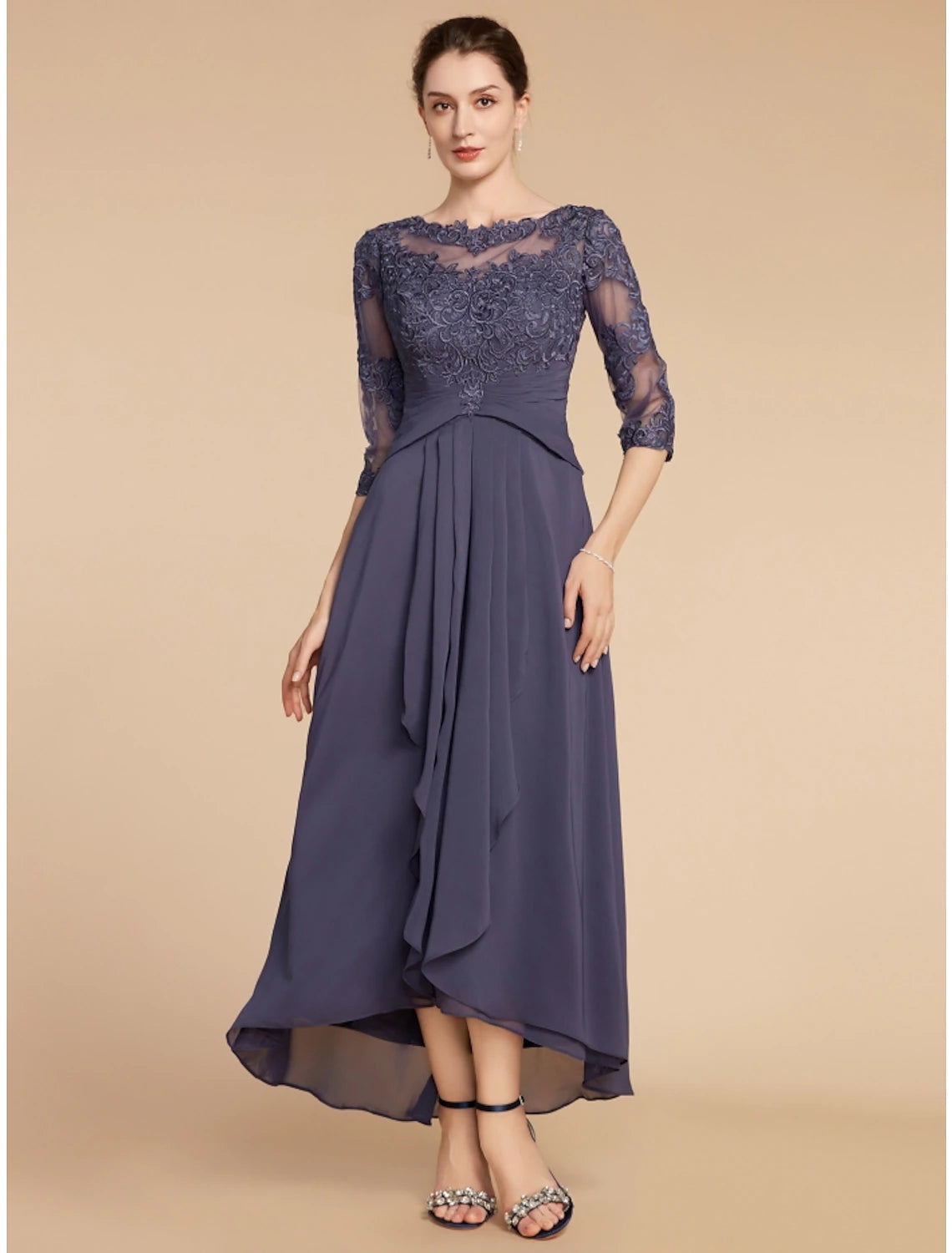 A-Line Mother of the Bride Dress Wedding Guest Elegant Scoop Neck Ankle Length Chiffon Lace 3/4 Length Sleeve