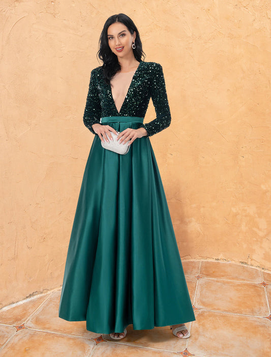 Ball Gown Cocktail Dresses Sparkle & Shine Dress Wedding Party Floor Length Long Sleeve V Neck Sequined