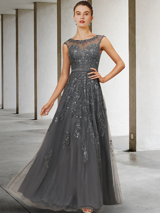 A-Line Mother of the Bride Dress Luxurious Elegant Jewel Neck Floor Length Lace Tulle Sleeveless with Sash Beading Sequin