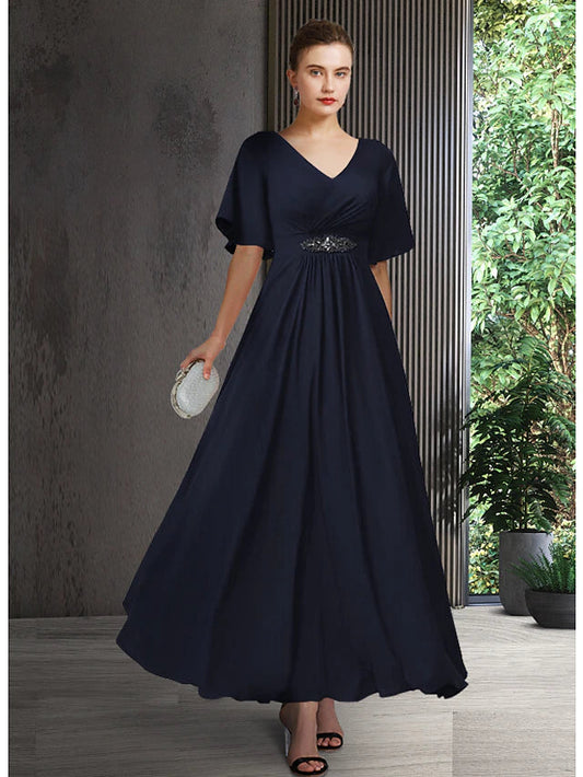 A-Line Mother of the Bride Dress Elegant V Neck Ankle Length Chiffon Half Sleeve with Pleats Crystal