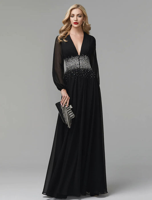 A-Line Evening Dress Celebrity Red Carpet Formal Gown Black Tie Wedding Guest Floor Length Long Sleeve V Neck Chiffon