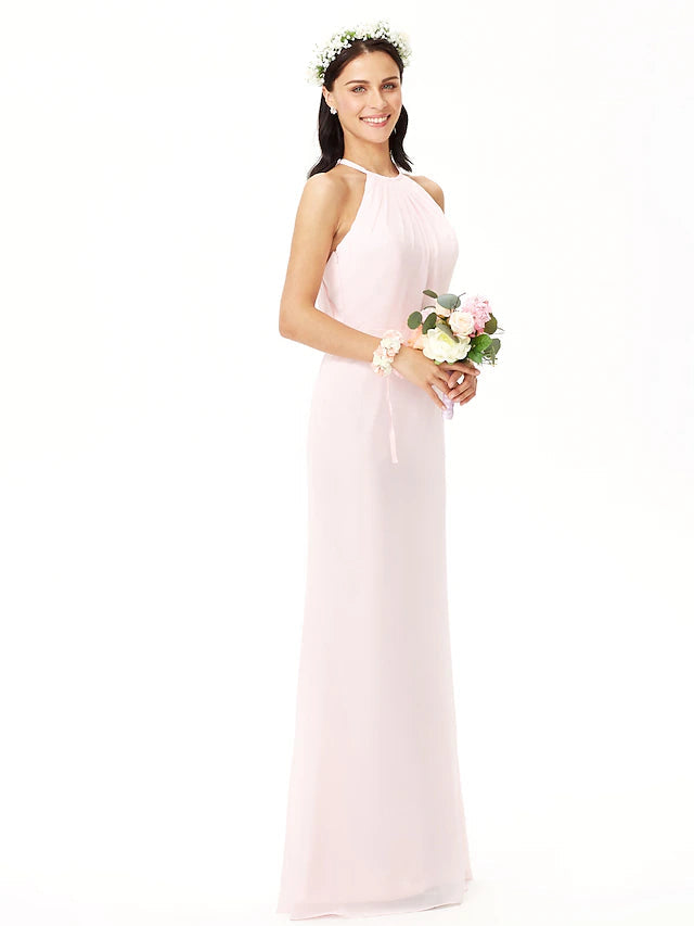 Sheath / Column Bridesmaid Dress Jewel Neck Sleeveless Elegant Floor Length Chiffon