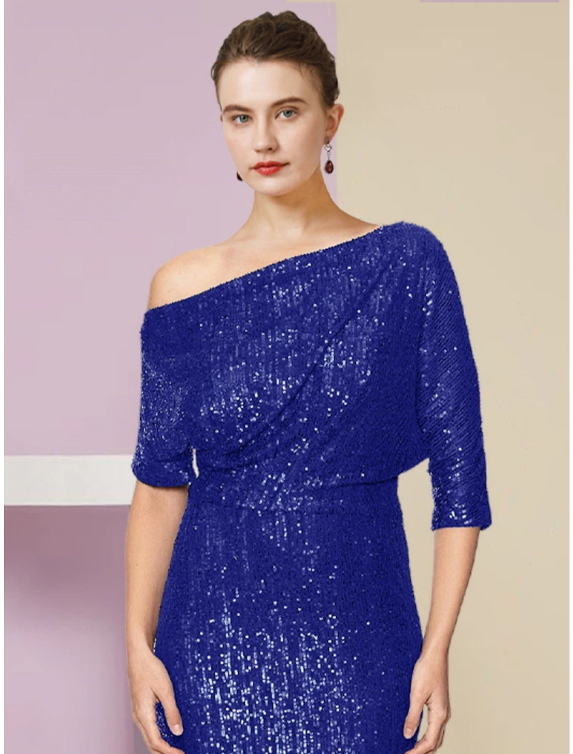 Sheath / Column Mother of the Bride Dress Wedding Guest Sparkle & Shine Elegant Off Shoulder Sweep / Brush Train Sequined Half Sleeve with Sequin Ruching