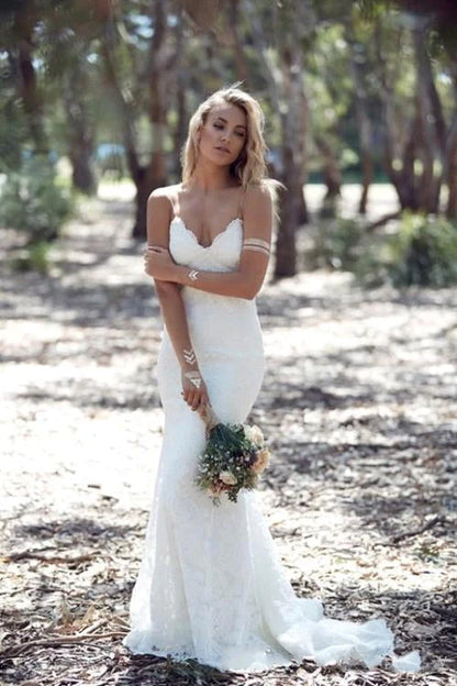 Ivory Beach Wedding Dress Lace Mermaid Wedding Dress Open Back Floor Length Elegant