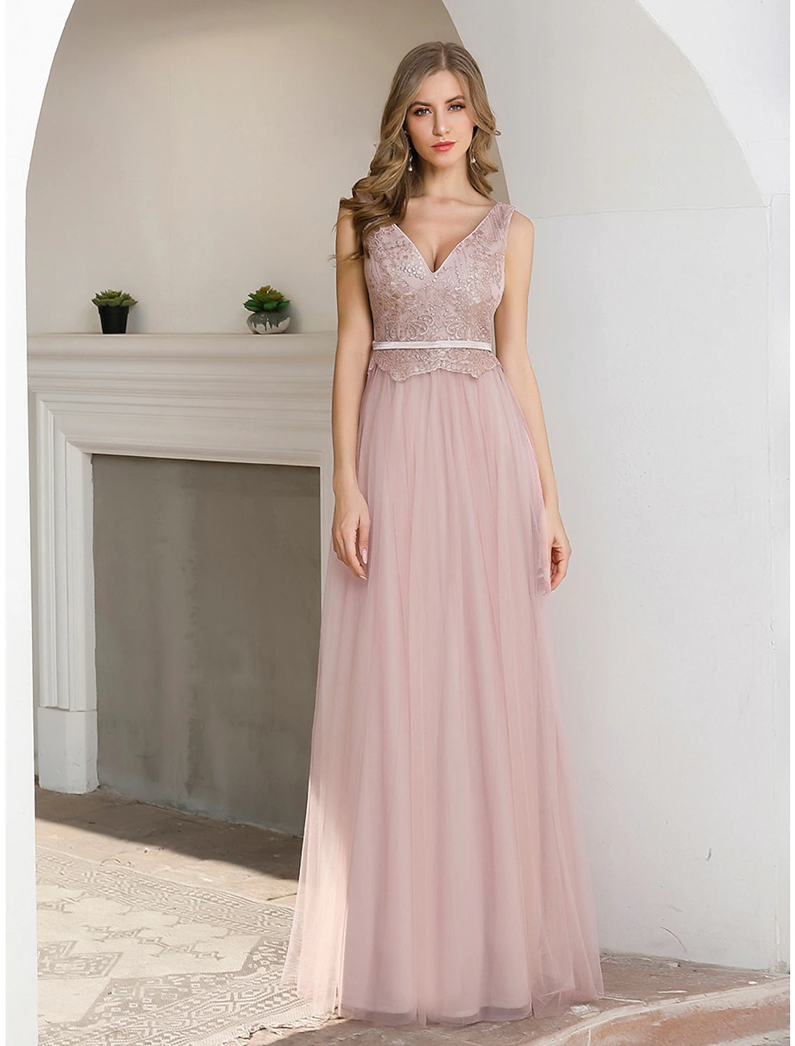 A-Line Evening Gown Elegant Dress Wedding Guest Formal Evening Floor Length Sleeveless V Neck Satin V Back with Sash / Ribbon