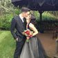 Black Wedding Dresses Formal A-Line V Neck Halter Sleeveless Floor Length Lace Tulle Gothic Fall Halloween Engagement Bridal Gowns