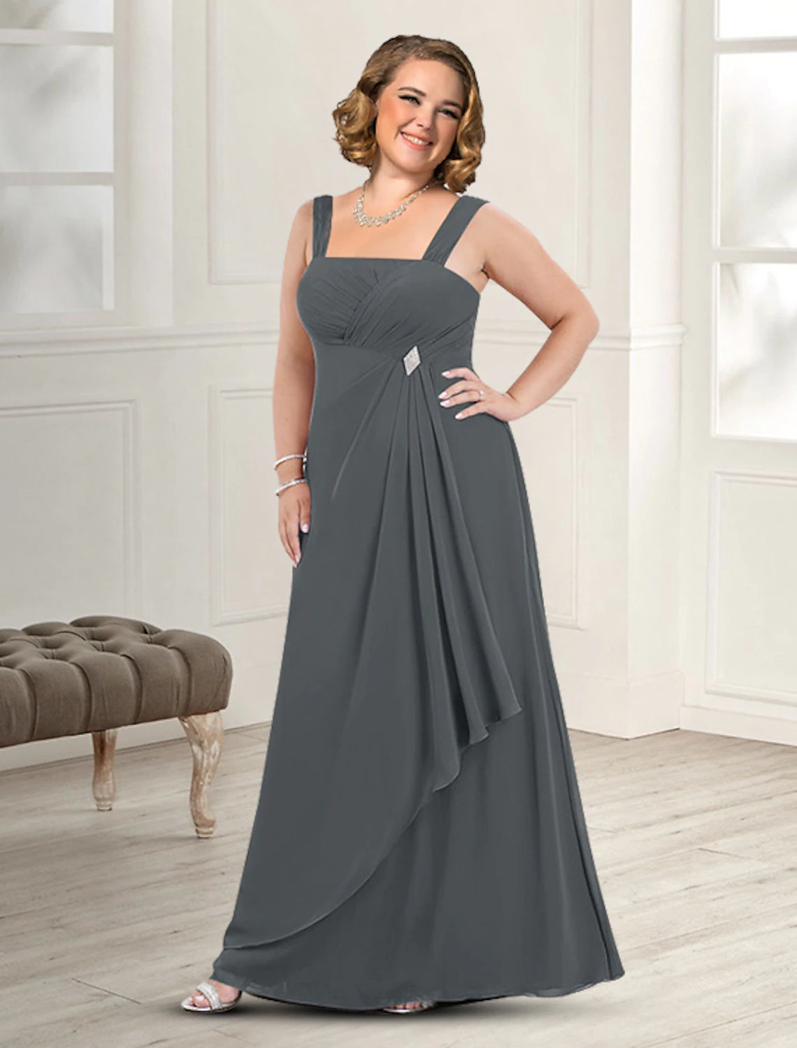 Two Piece A-Line Mother of the Bride Dress Fall Wedding Guest Dresses Plus Size Elegant Square Neck Floor Length Chiffon Sleeveless Jacket Dresses