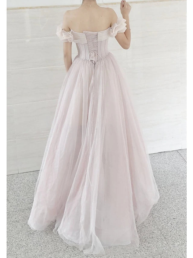 A-Line Prom Dresses Empire Dress Prom Sweep / Brush Train Short Sleeve Sweetheart Tulle with Pleats