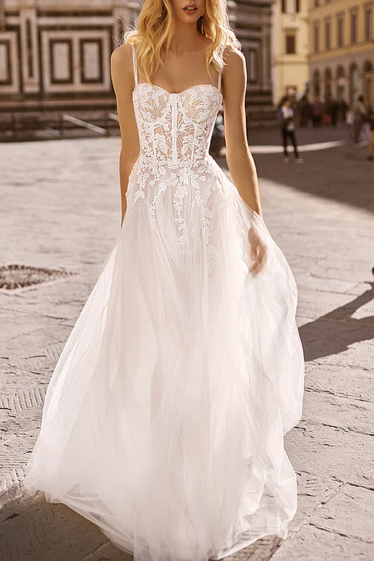 A-line thin shoulder straps lace decals bohemian style wedding dress bride dress Beautiful