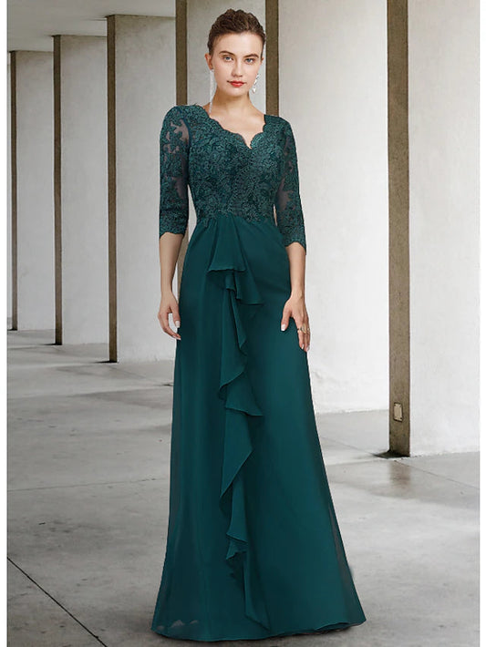 A-Line Mother of the Bride Dress Elegant V Neck Floor Length Chiffon Lace Half Sleeve with Draping